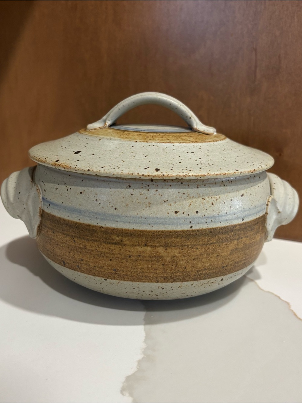 Vintage Haas Studio Pottery Bowl Pot with Handled Lid Earthtones Brown Blue